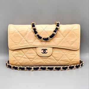 CHANEL Beige Quilted Crossbody with Gold Chain
